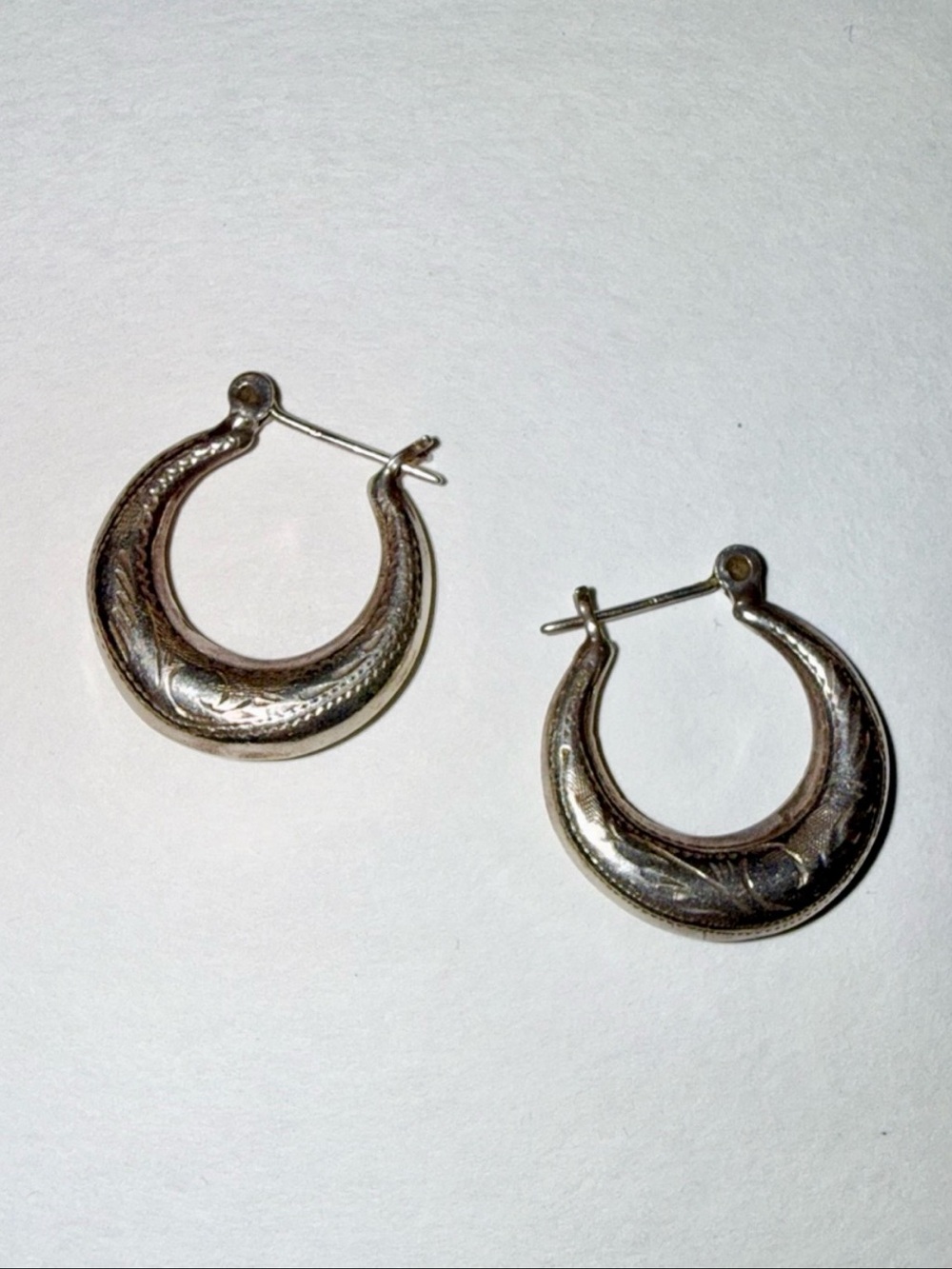 Vintage 925 Sterling Crescent Hoop Earrings Etched Puff 70s